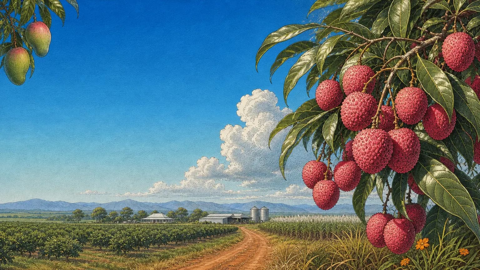 Lychee and mango branches close overhead, the orchard rows, cane and the homestead stretching to the ranges under a summer sky — drawn as an engraved plate