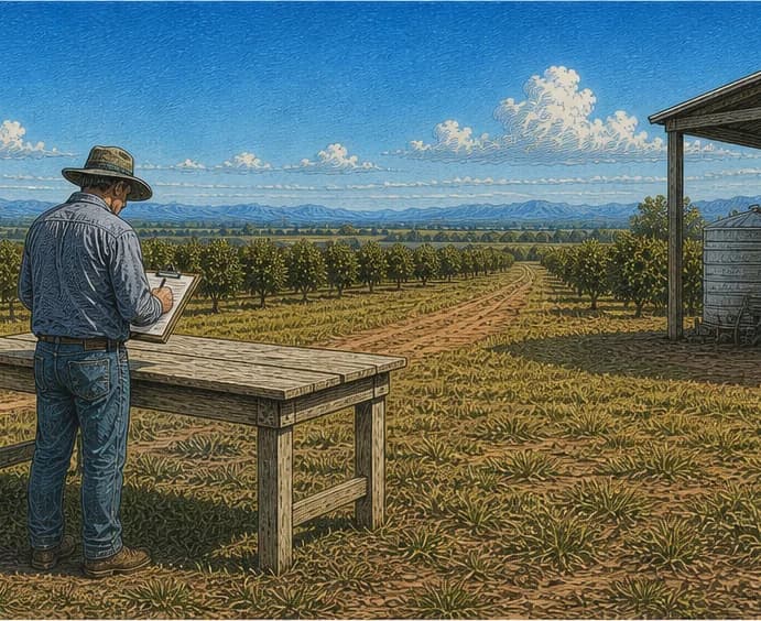 A grower filling in a clipboard at a bench beside the orchard — keeping your records.