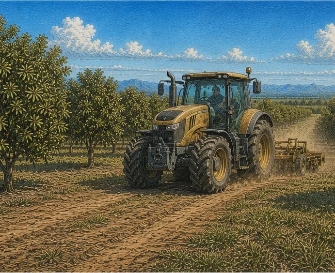 A tractor working down an orchard row in the late afternoon — running the season.