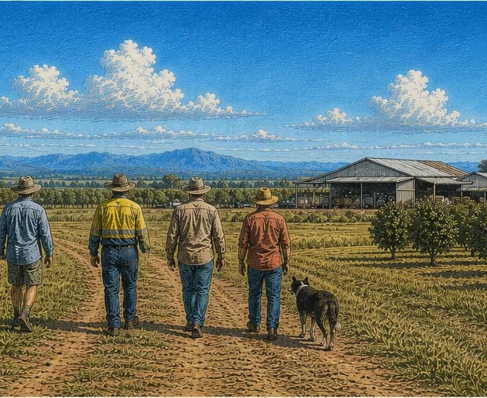 A crew walking out along the headland at first light — staffing your farm.