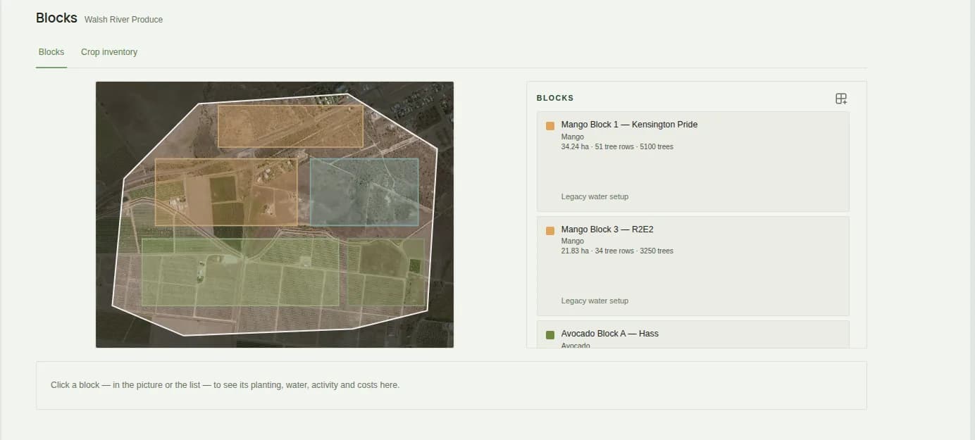The AgCore Blocks screen: the property outline with five coloured blocks beside a list giving each block its crop, area, tree rows and tree count.