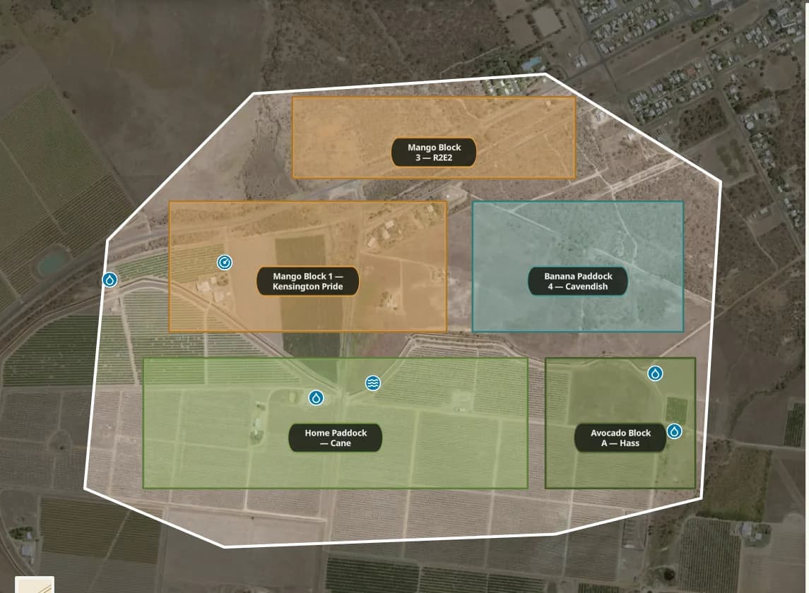 The AgCore property map: satellite imagery with the farm’s surveyed outline drawn over it and five named blocks — mango, banana, cane and avocado — each shaded and labelled, beside a panel giving the organisation’s area, lots and block count.