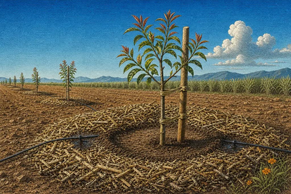 A newly staked sapling on drip irrigation at the head of a cane paddock, drawn as an engraved plate
