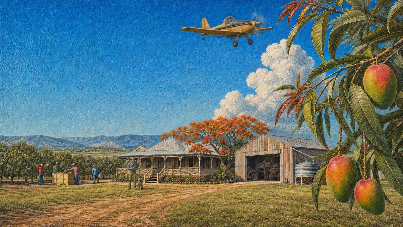 The AgCore home farm at Arriga — pickers at the crates, the homestead and shed under a crop-duster, mango branches framing the sky
