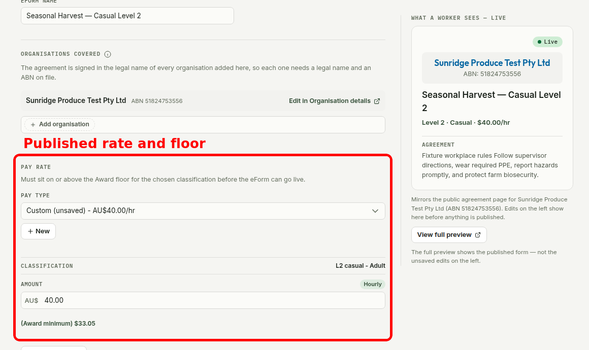 The Pay Rate section of a live eForm boxed in red, showing an hourly amount of 40 dollars, a Level 2 casual classification and an award minimum of 33 dollars and 5 cents