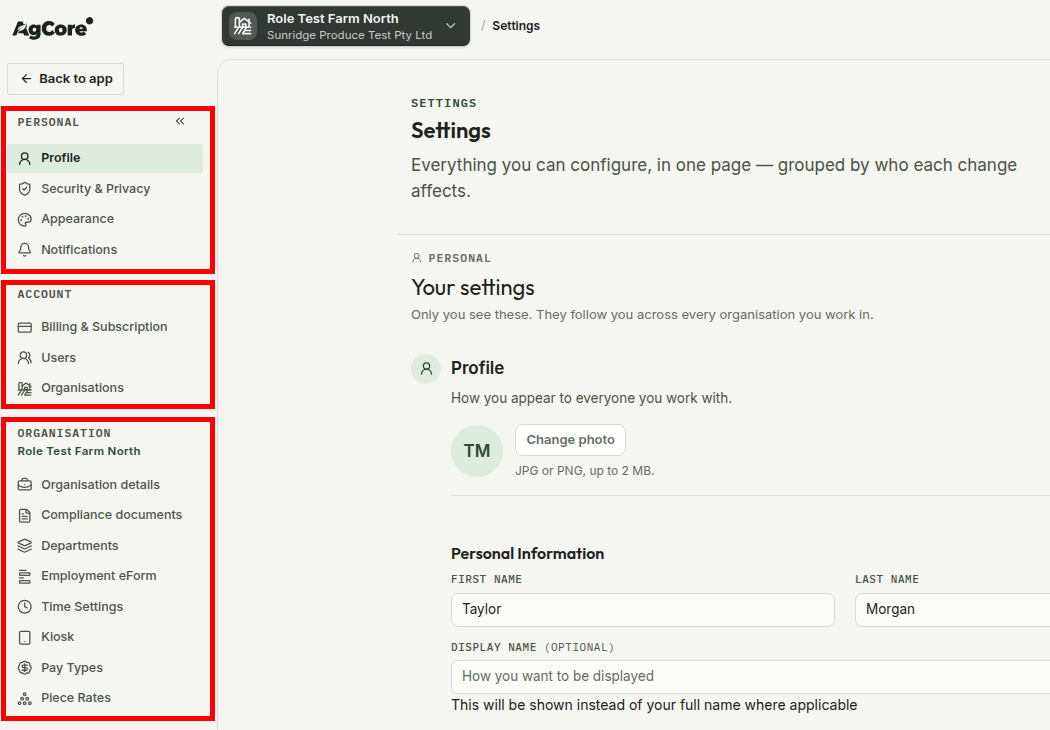 Personal, Account and Organisation groups boxed in red in the AgCore Settings navigation