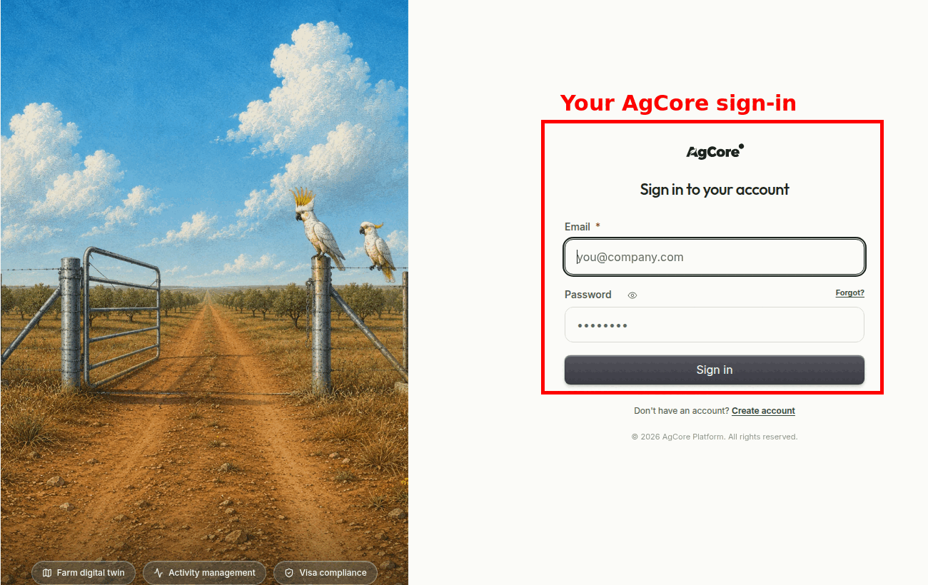 The current AgCore sign-in area boxed in red beside the farm gate illustration