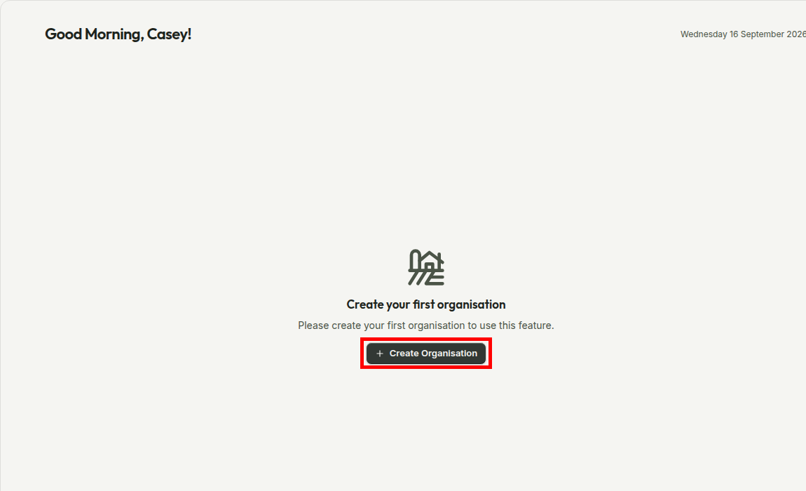 A new AgCore account showing the Create Organisation action outlined in red