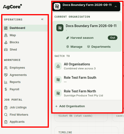 The current AgCore app menu and open Organisation selector, each outlined in red